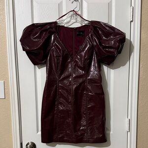 DO+BE Glossy Burgundy Puff Sleeve Mini Dress
